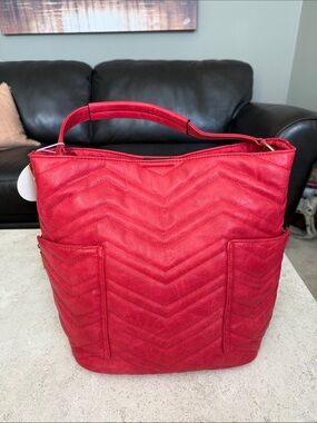 Quilted Chevron Red Tote with Exterior Pockets + Handbag